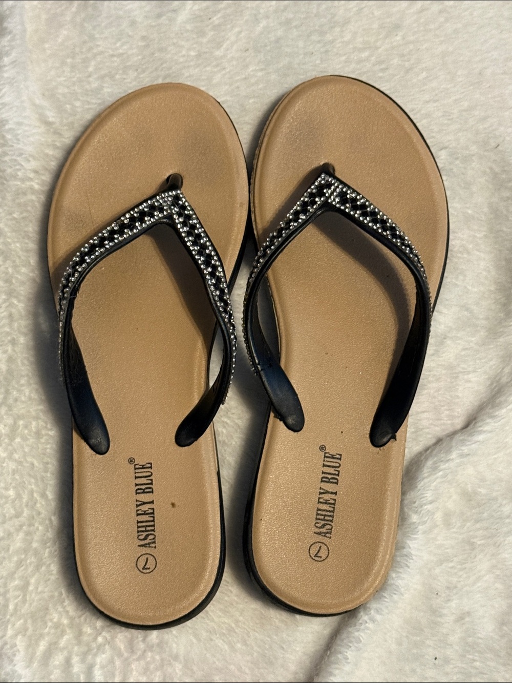 Ashley Blue Black Jeweled V-strap Sandals